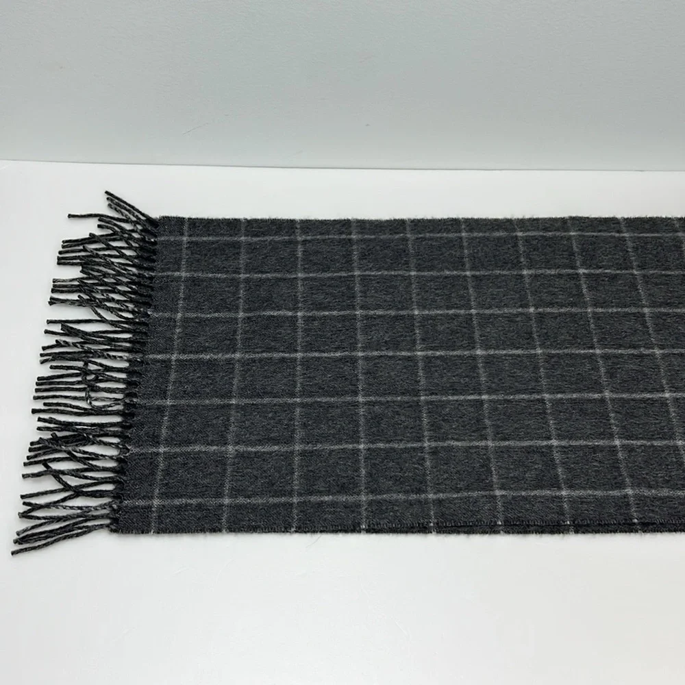 Black Brown 100% Cashmere Scarf Gray Windowpane Mens Quiet Luxury Preppy Prep